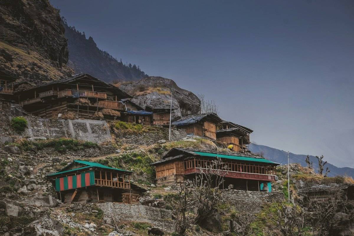 Stone and timber houses on a Himalayan hillside
