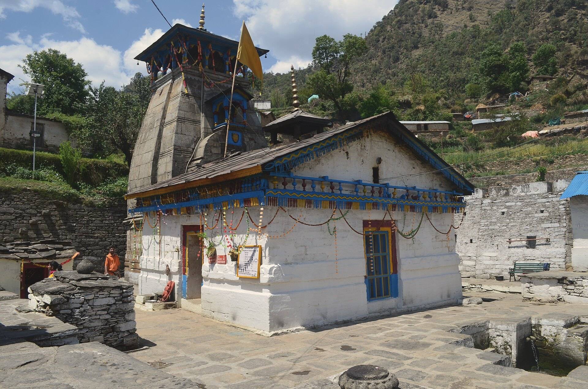 Triyuginarayan temple decorated with marigold garlands