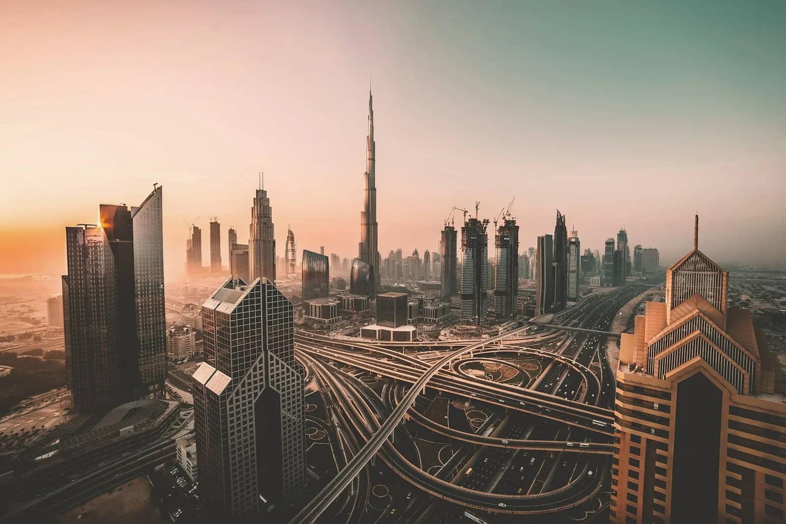 The Dubai skyline with Burj Khalifa at sunset